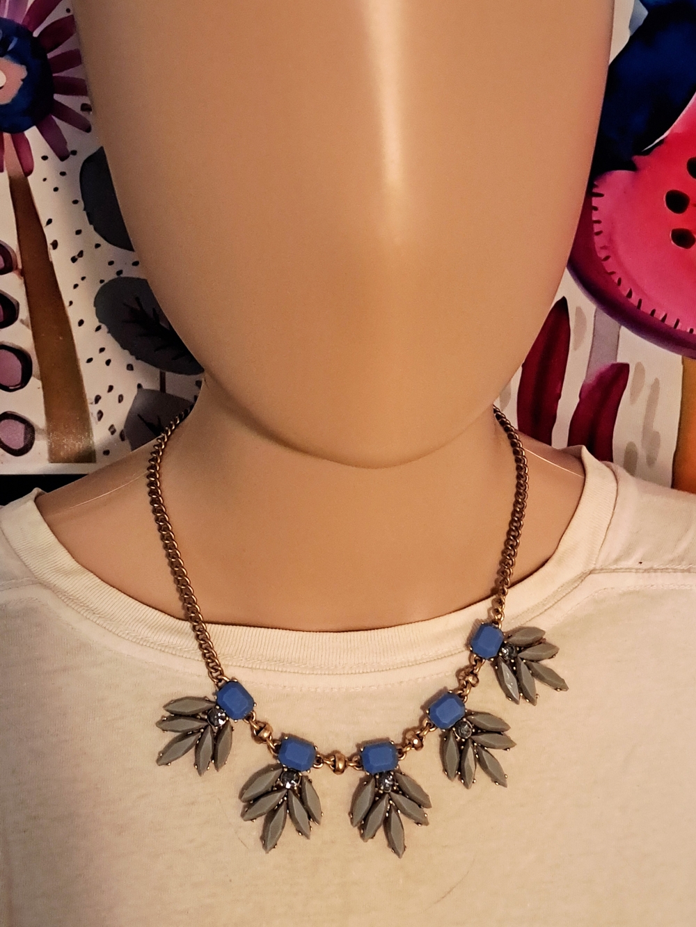 J. Crew Gold-Tone Necklace with Blue and Gray Faceted Faux Stone Pendants